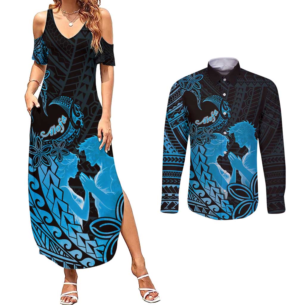 Alofa Samoa Valentine Blue Couples Matching Summer Maxi Dress and Long Sleeve Button Shirt Love Is The Greatest Thing LT05 Blue - Polynesian Pride