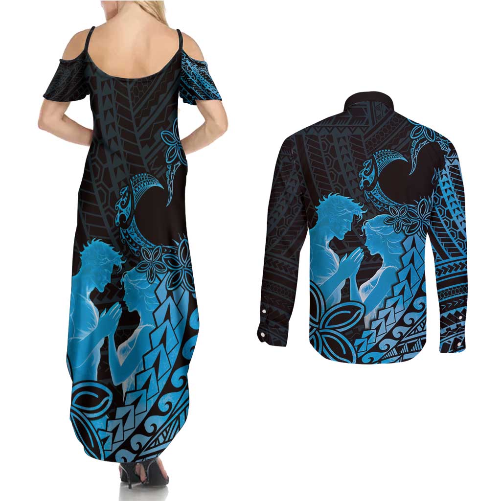 Alofa Samoa Valentine Blue Couples Matching Summer Maxi Dress and Long Sleeve Button Shirt Love Is The Greatest Thing LT05 - Polynesian Pride