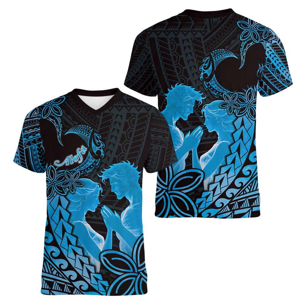 Alofa Samoa Valentine Blue Women V-Neck T-Shirt Love Is The Greatest Thing LT05 - Polynesian Pride