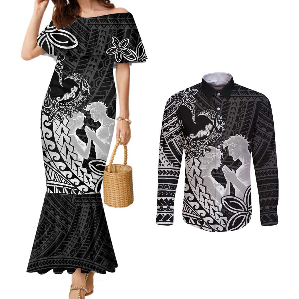 Alofa Samoa Valentine Black Couples Matching Mermaid Dress and Long Sleeve Button Shirt Love Is The Greatest Thing LT05 Black - Polynesian Pride