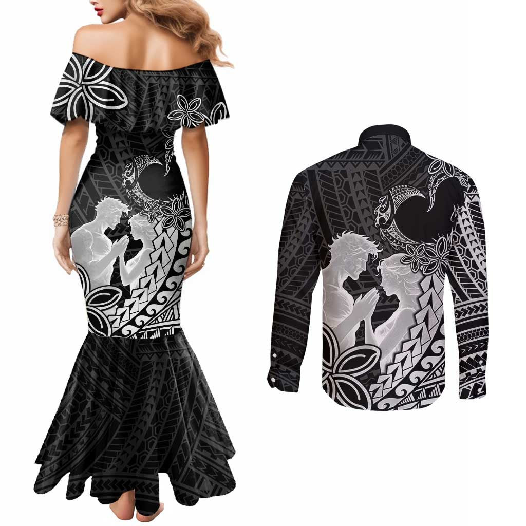 Alofa Samoa Valentine Black Couples Matching Mermaid Dress and Long Sleeve Button Shirt Love Is The Greatest Thing LT05 - Polynesian Pride