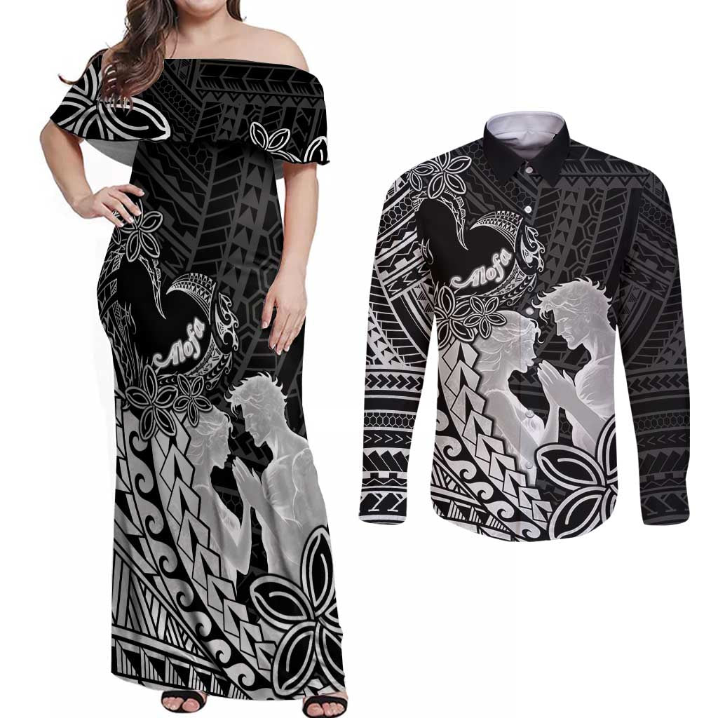 Alofa Samoa Valentine Black Couples Matching Off Shoulder Maxi Dress and Long Sleeve Button Shirt Love Is The Greatest Thing LT05 Black - Polynesian Pride