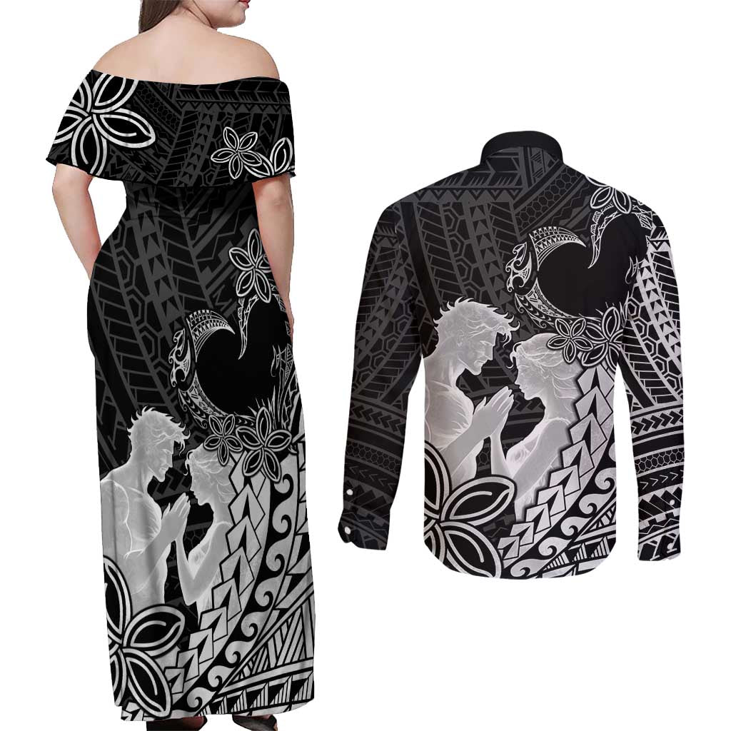 Alofa Samoa Valentine Black Couples Matching Off Shoulder Maxi Dress and Long Sleeve Button Shirt Love Is The Greatest Thing LT05 - Polynesian Pride