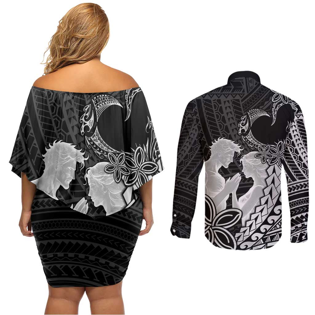 Alofa Samoa Valentine Black Couples Matching Off Shoulder Short Dress and Long Sleeve Button Shirt Love Is The Greatest Thing LT05 - Polynesian Pride