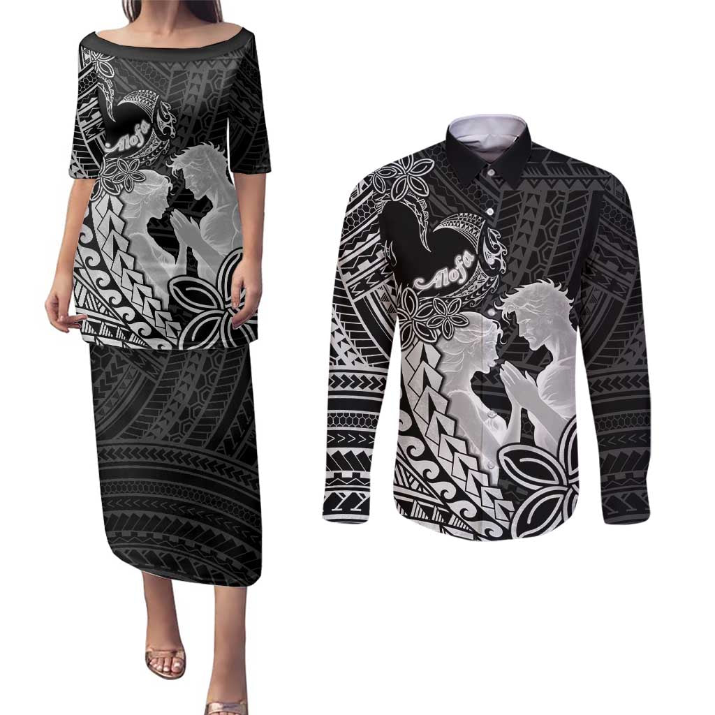Alofa Samoa Valentine Black Couples Matching Puletasi and Long Sleeve Button Shirt Love Is The Greatest Thing LT05 Black - Polynesian Pride