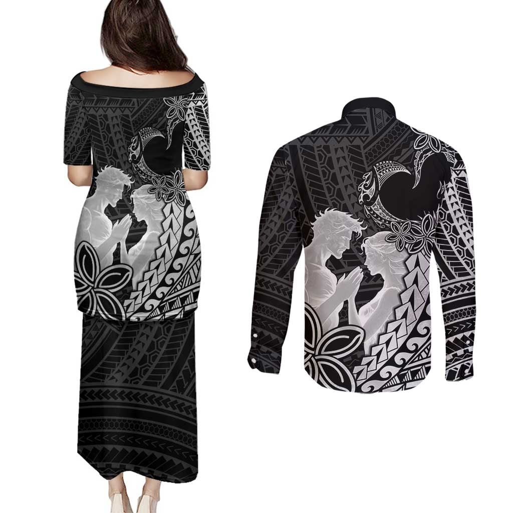 Alofa Samoa Valentine Black Couples Matching Puletasi and Long Sleeve Button Shirt Love Is The Greatest Thing LT05 - Polynesian Pride