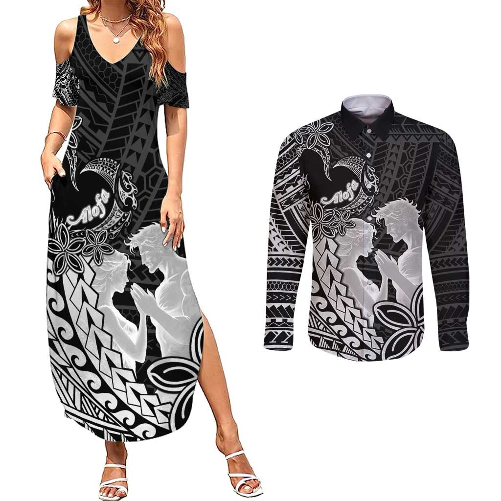 Alofa Samoa Valentine Black Couples Matching Summer Maxi Dress and Long Sleeve Button Shirt Love Is The Greatest Thing LT05 Black - Polynesian Pride