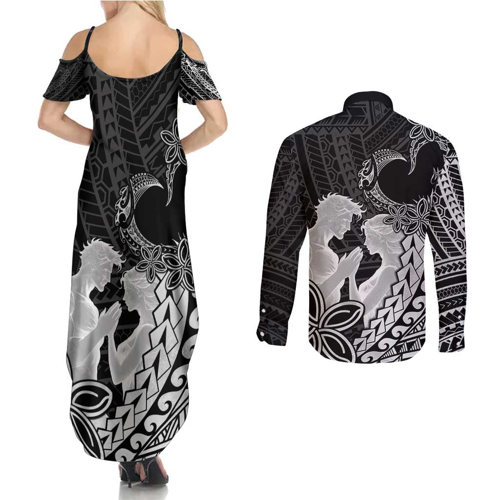 Alofa Samoa Valentine Black Couples Matching Summer Maxi Dress and Long Sleeve Button Shirt Love Is The Greatest Thing LT05 - Polynesian Pride
