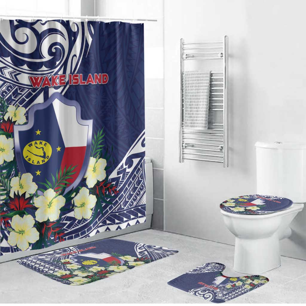 Wake Island Bathroom Set Tribal Pattern With Hibiscus Flowers