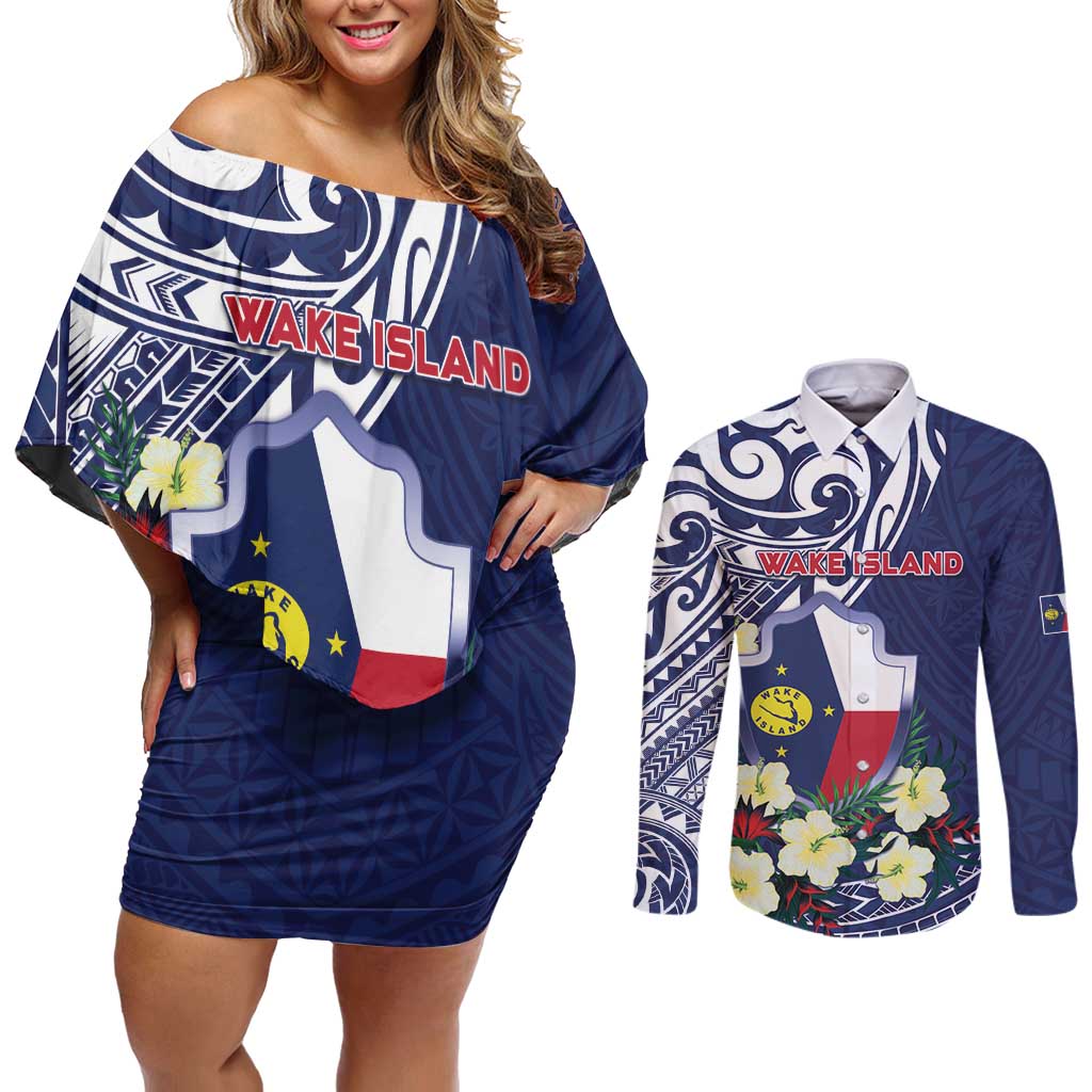 Personalised Wake Island Couples Matching Off Shoulder Short Dress and Long Sleeve Button Shirt Tribal Pattern With Hibiscus Flowers