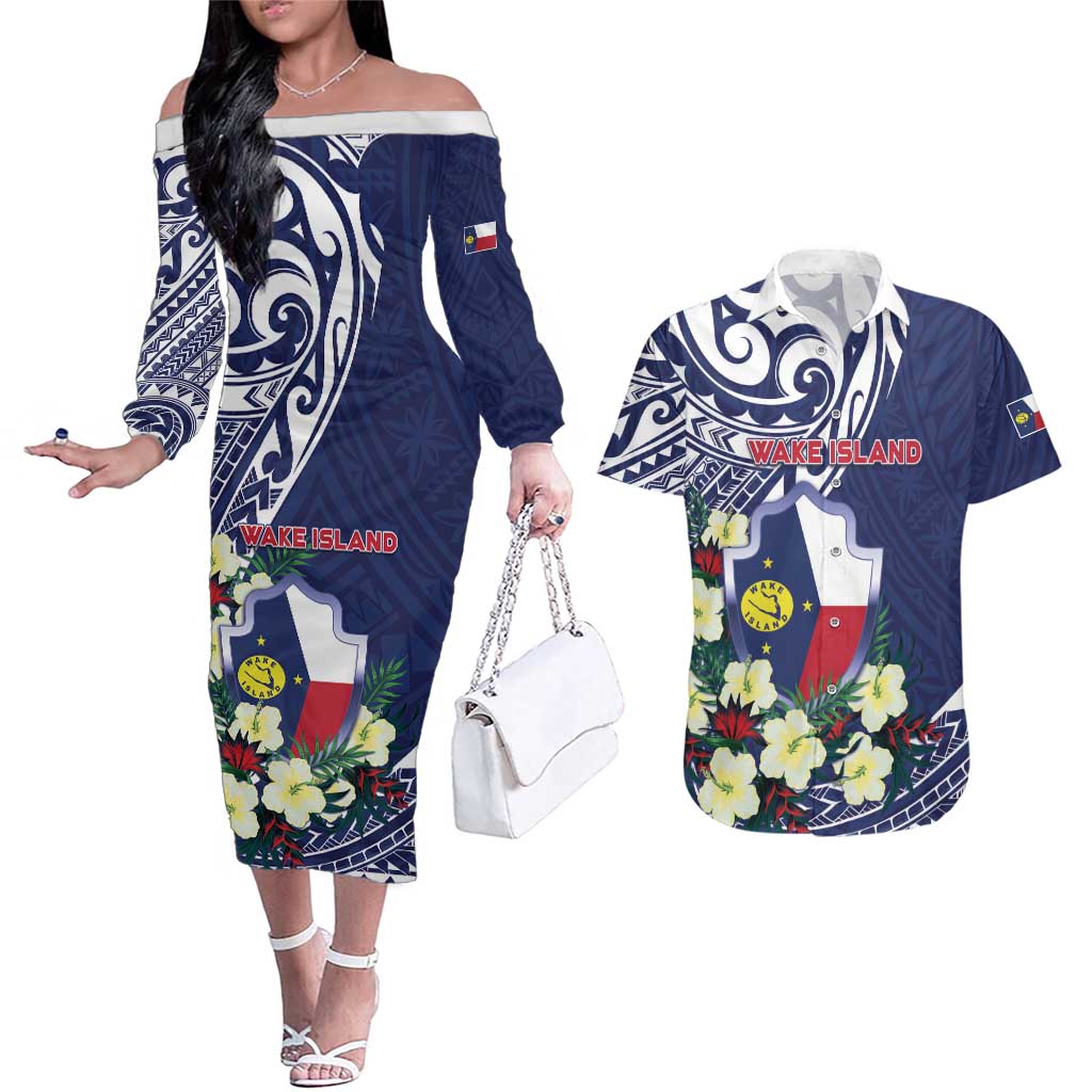 Personalised Wake Island Couples Matching Off The Shoulder Long Sleeve Dress and Hawaiian Shirt Tribal Pattern With Hibiscus Flowers LT05 Blue - Polynesian Pride