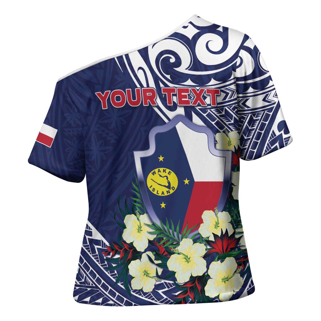 Personalised Wake Island Cross Shoulder Shirt Tribal Pattern With Hibiscus Flowers LT05 - Polynesian Pride