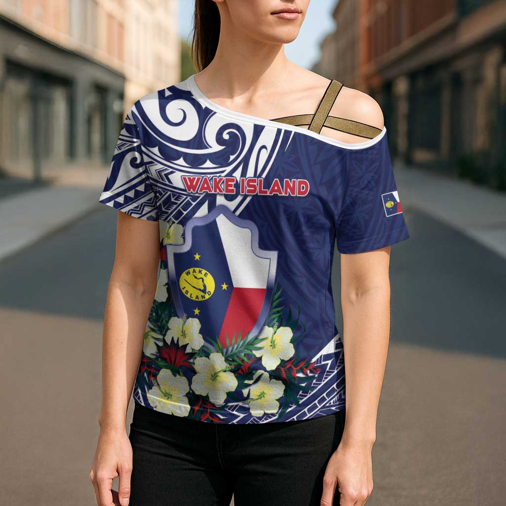 Personalised Wake Island Cross Shoulder Shirt Tribal Pattern With Hibiscus Flowers LT05 - Polynesian Pride