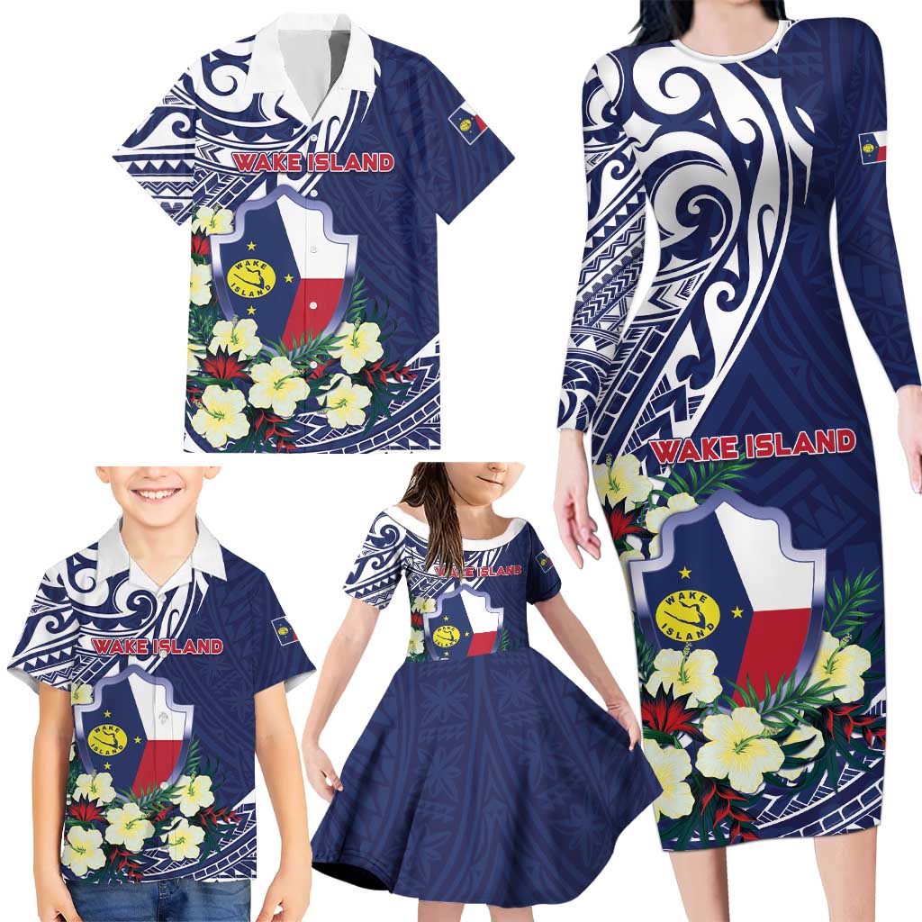 Personalised Wake Island Family Matching Long Sleeve Bodycon Dress and Hawaiian Shirt Tribal Pattern With Hibiscus Flowers LT05 - Polynesian Pride
