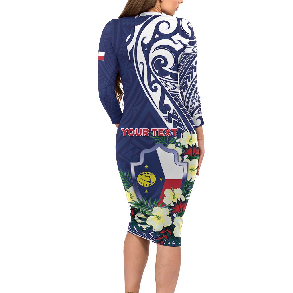 Personalised Wake Island Family Matching Long Sleeve Bodycon Dress and Hawaiian Shirt Tribal Pattern With Hibiscus Flowers