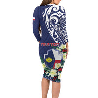 Personalised Wake Island Family Matching Long Sleeve Bodycon Dress and Hawaiian Shirt Tribal Pattern With Hibiscus Flowers