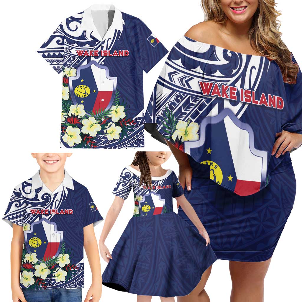 Personalised Wake Island Family Matching Off Shoulder Short Dress and Hawaiian Shirt Tribal Pattern With Hibiscus Flowers LT05 - Polynesian Pride