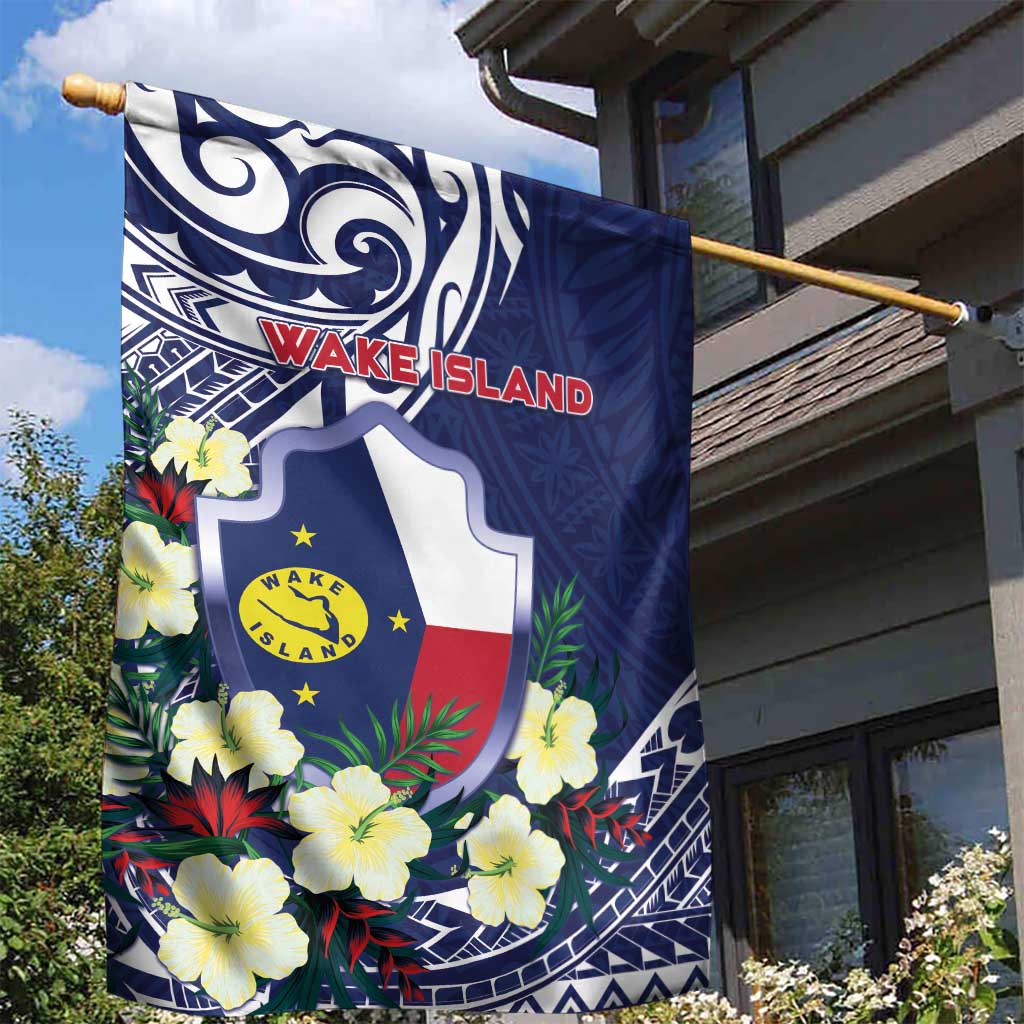 Wake Island Garden Flag Tribal Pattern With Hibiscus Flowers