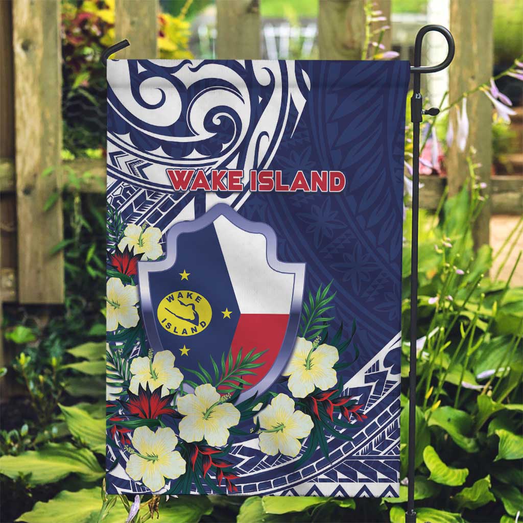 Wake Island Garden Flag Tribal Pattern With Hibiscus Flowers