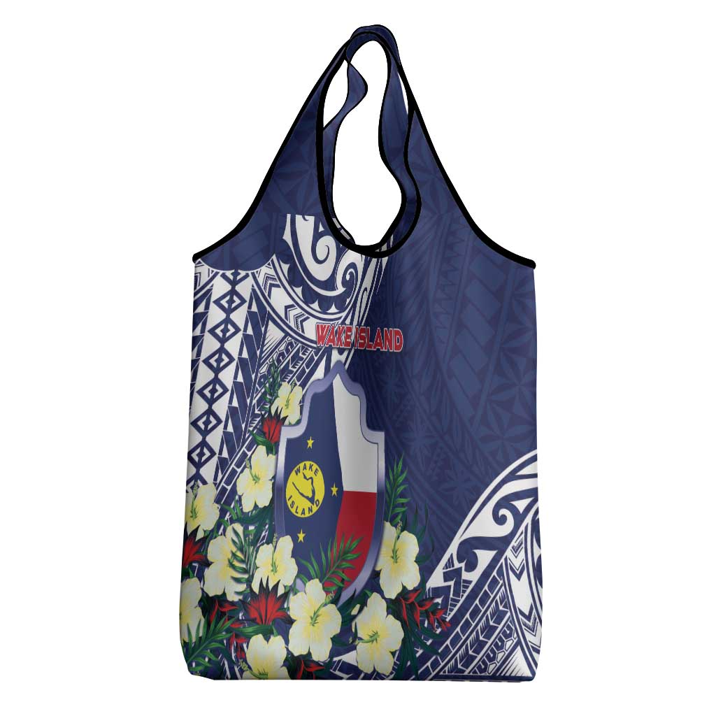 Wake Island Grocery Bag Tribal Pattern With Hibiscus Flowers