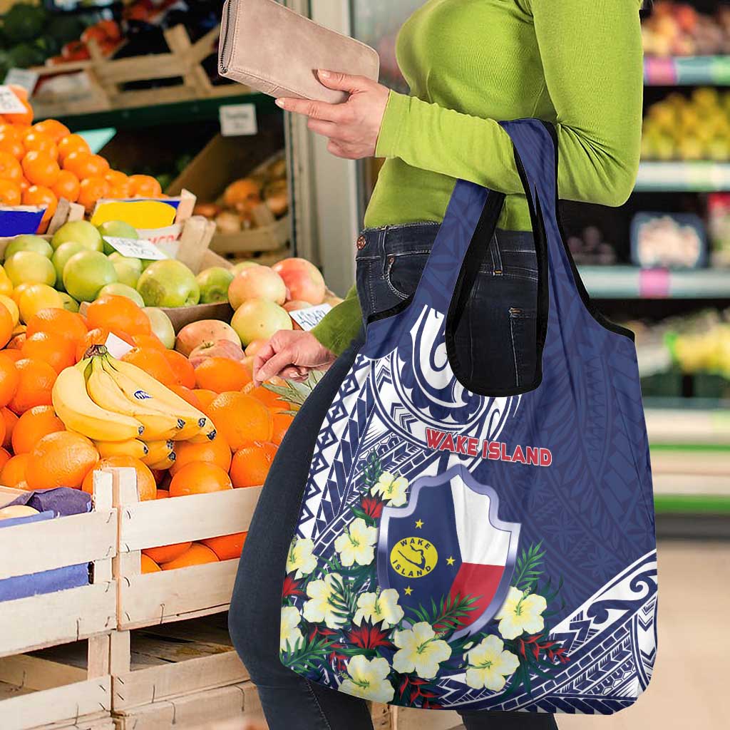 Wake Island Grocery Bag Tribal Pattern With Hibiscus Flowers