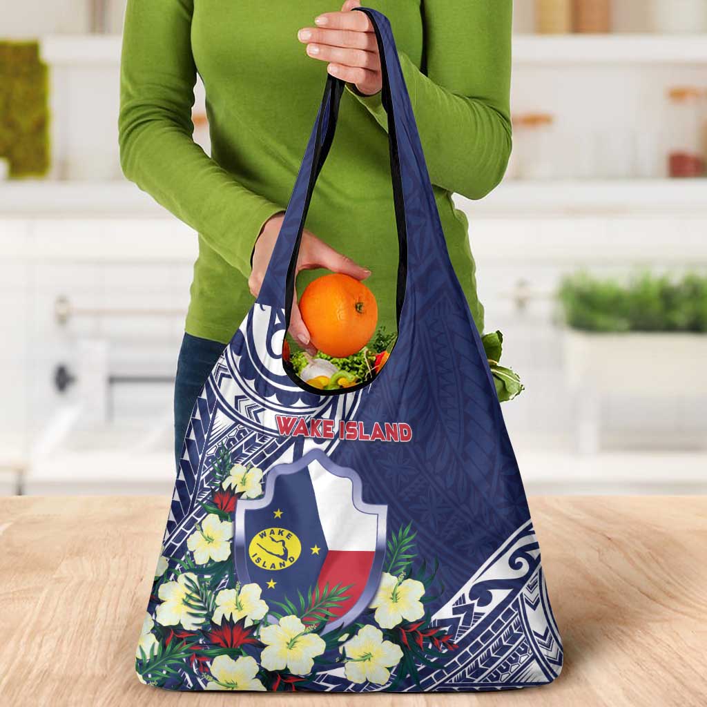 Wake Island Grocery Bag Tribal Pattern With Hibiscus Flowers