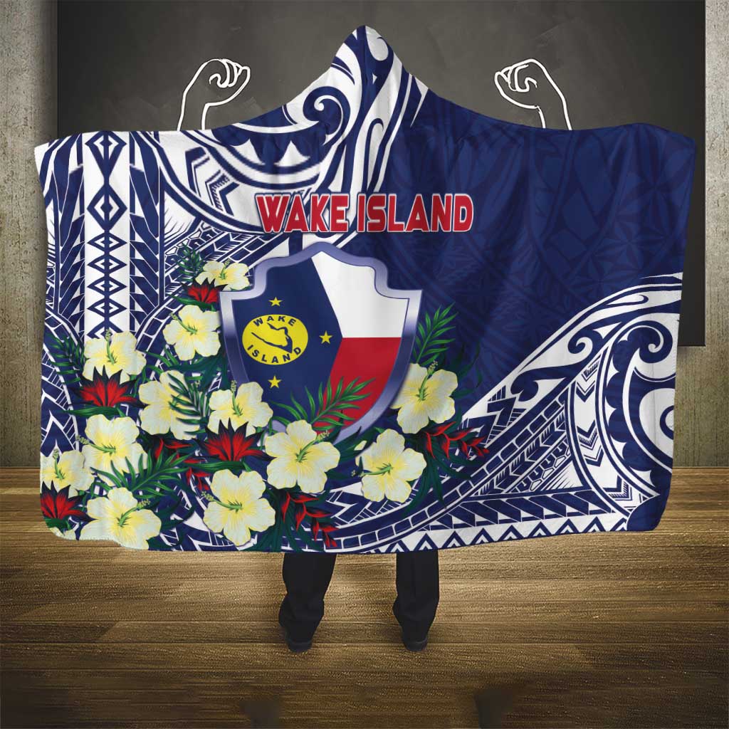 Wake Island Hooded Blanket Tribal Pattern With Hibiscus Flowers