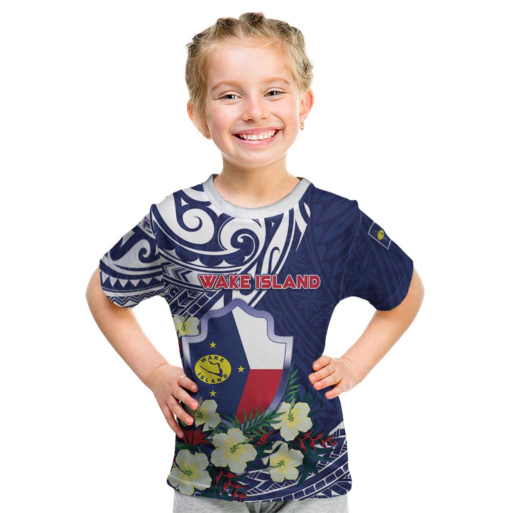 Personalised Wake Island Kid T Shirt Tribal Pattern With Hibiscus Flowers