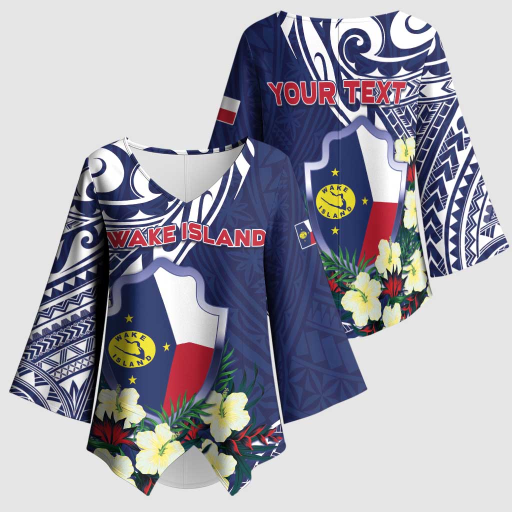 Personalised Wake Island Kimono Sleeve Blouse Tribal Pattern With Hibiscus Flowers