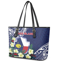 Wake Island Leather Tote Bag Tribal Pattern With Hibiscus Flowers