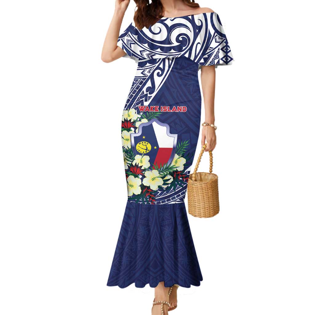 Personalised Wake Island Mermaid Dress Tribal Pattern With Hibiscus Flowers LT05 Women Blue - Polynesian Pride