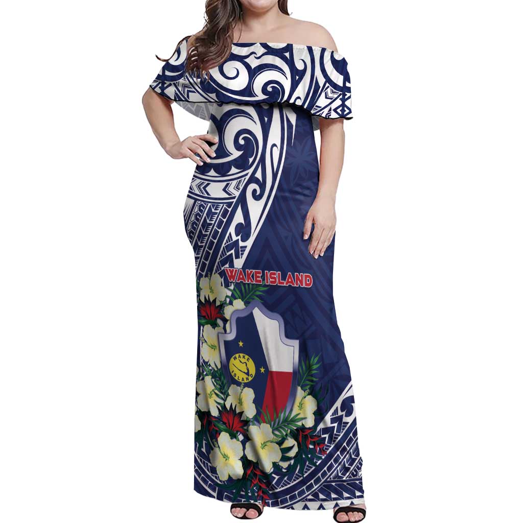 Personalised Wake Island Off Shoulder Maxi Dress Tribal Pattern With Hibiscus Flowers