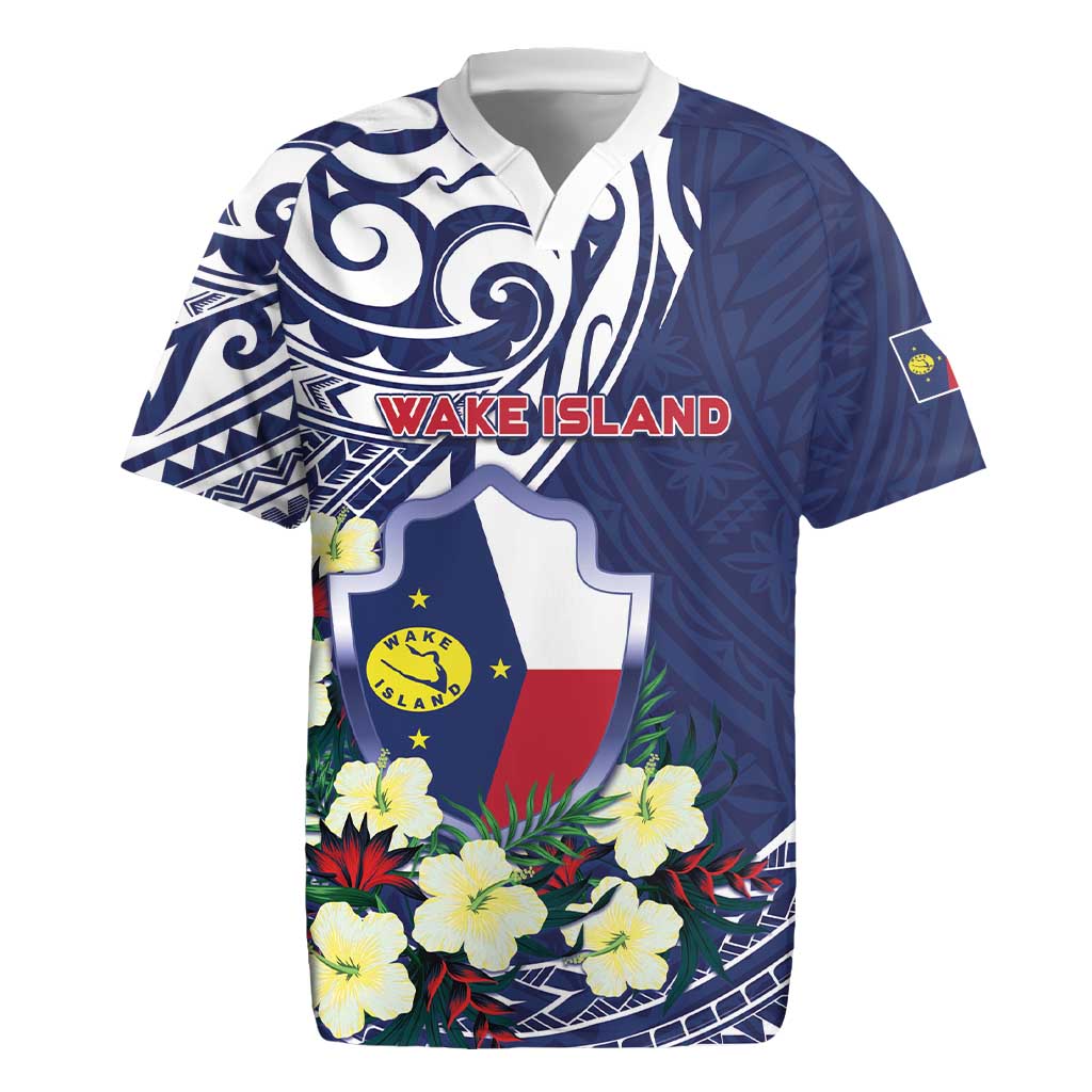 Personalised Wake Island Rugby Jersey Tribal Pattern With Hibiscus Flowers LT05 Blue - Polynesian Pride