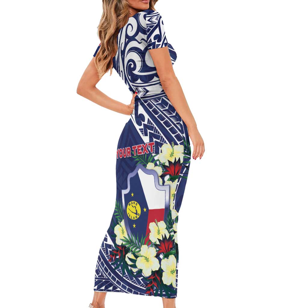 Personalised Wake Island Short Sleeve Bodycon Dress Tribal Pattern With Hibiscus Flowers LT05 - Polynesian Pride