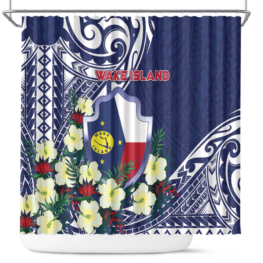 Wake Island Shower Curtain Tribal Pattern With Hibiscus Flowers