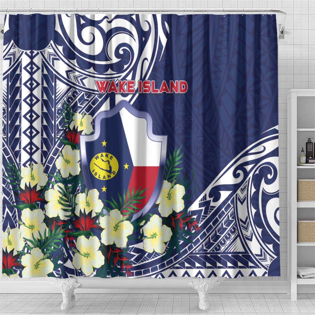 Wake Island Shower Curtain Tribal Pattern With Hibiscus Flowers