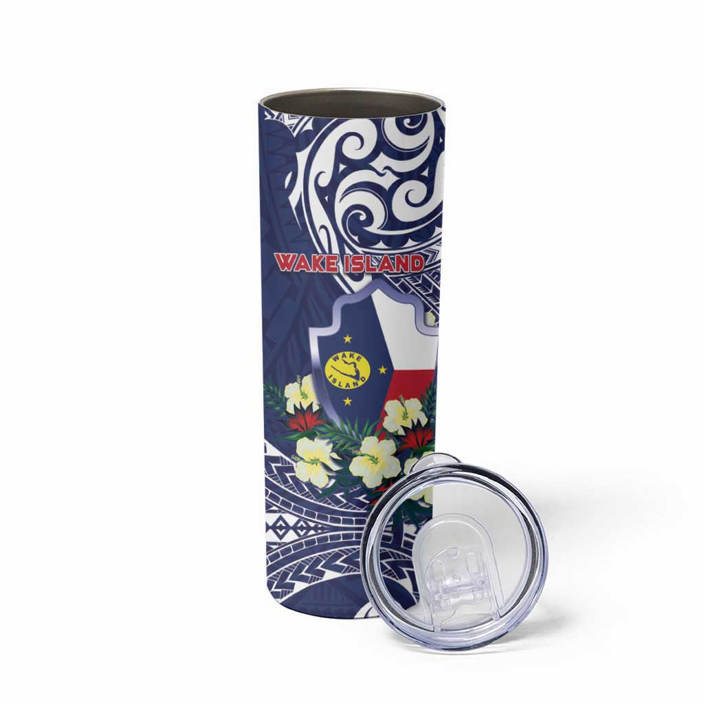 Personalised Wake Island Skinny Tumbler Tribal Pattern With Hibiscus Flowers
