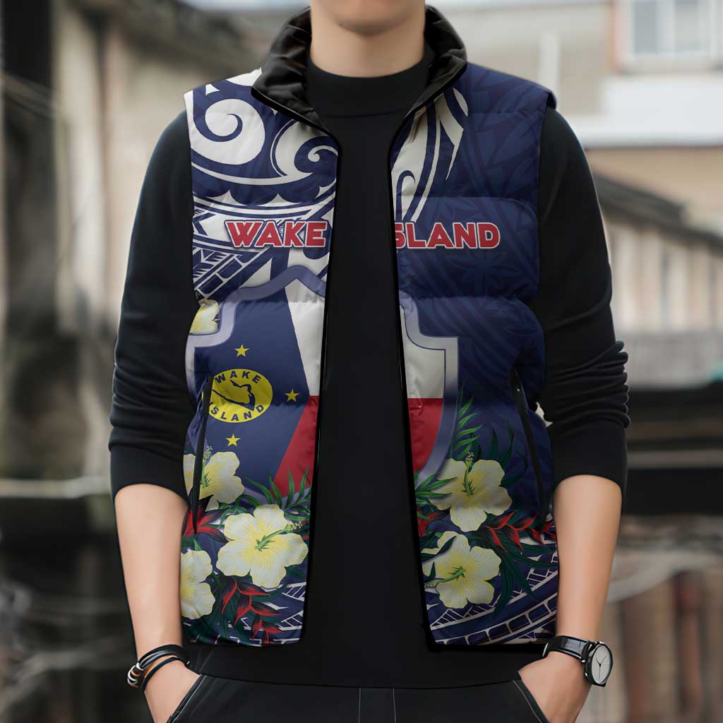Personalised Wake Island Sleeveless Puffer Jacket Tribal Pattern With Hibiscus Flowers