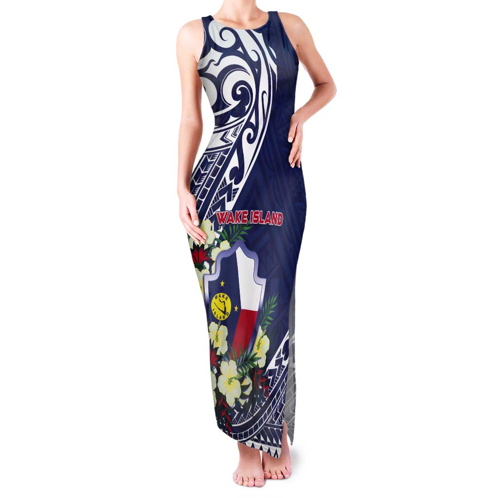 Personalised Wake Island Tank Maxi Dress Tribal Pattern With Hibiscus Flowers