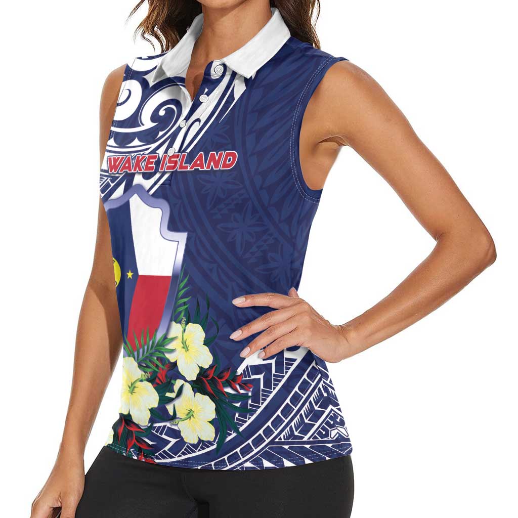 Personalised Wake Island Women Sleeveless Polo Shirt Tribal Pattern With Hibiscus Flowers