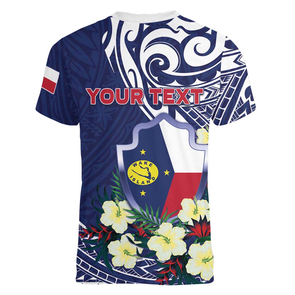 Personalised Wake Island Women V-Neck T-Shirt Tribal Pattern With Hibiscus Flowers LT05 - Polynesian Pride