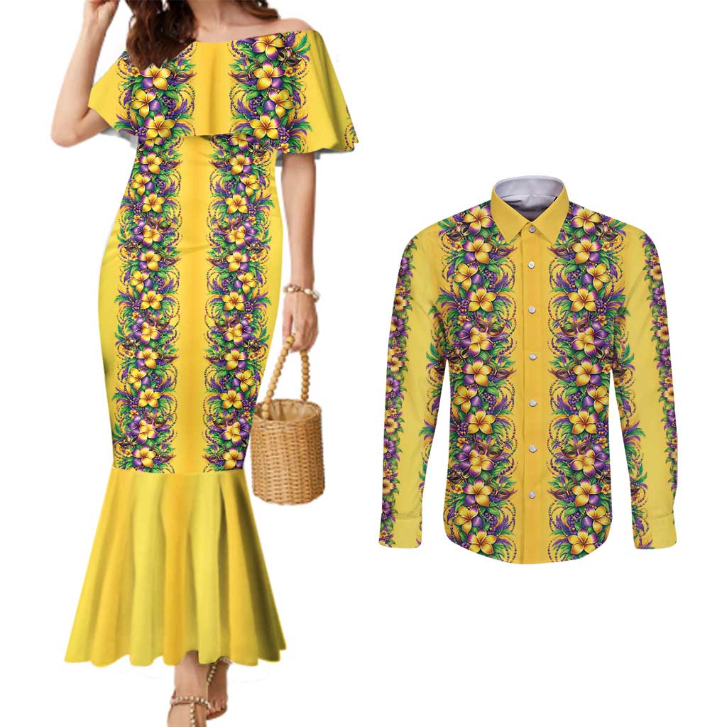 Aloha Hawaii Mardi Gras Couples Matching Mermaid Dress and Long Sleeve Button Shirt Gold Style