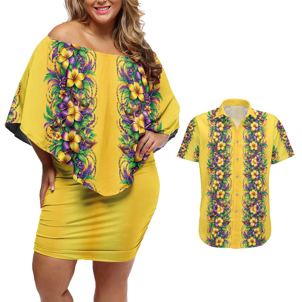 Aloha Hawaii Mardi Gras Couples Matching Off Shoulder Short Dress and Hawaiian Shirt Gold Style LT05 Gold - Polynesian Pride