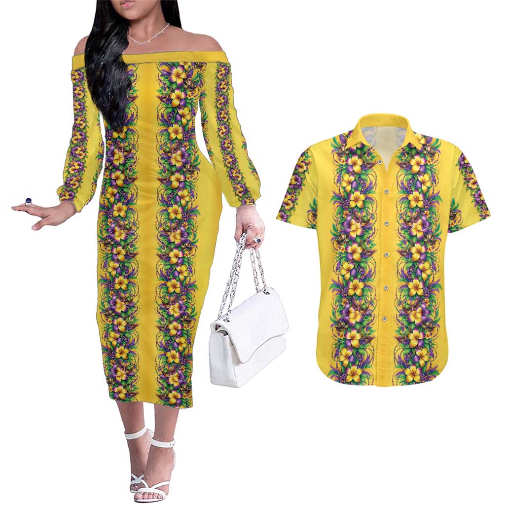 Aloha Hawaii Mardi Gras Couples Matching Off The Shoulder Long Sleeve Dress and Hawaiian Shirt Gold Style LT05 Gold - Polynesian Pride