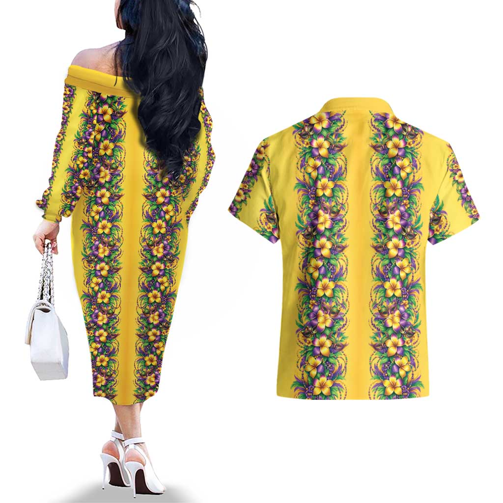 Aloha Hawaii Mardi Gras Couples Matching Off The Shoulder Long Sleeve Dress and Hawaiian Shirt Gold Style LT05 - Polynesian Pride