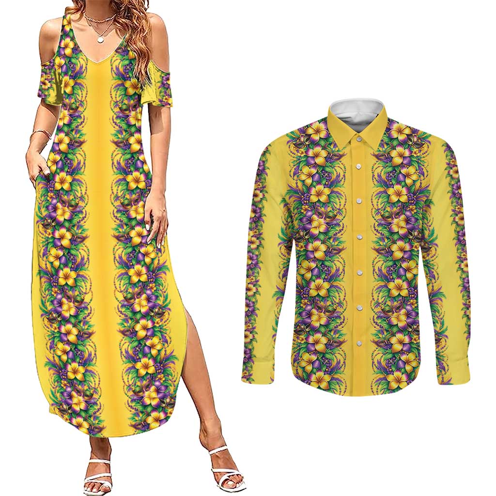 Aloha Hawaii Mardi Gras Couples Matching Summer Maxi Dress and Long Sleeve Button Shirt Gold Style LT05 Gold - Polynesian Pride