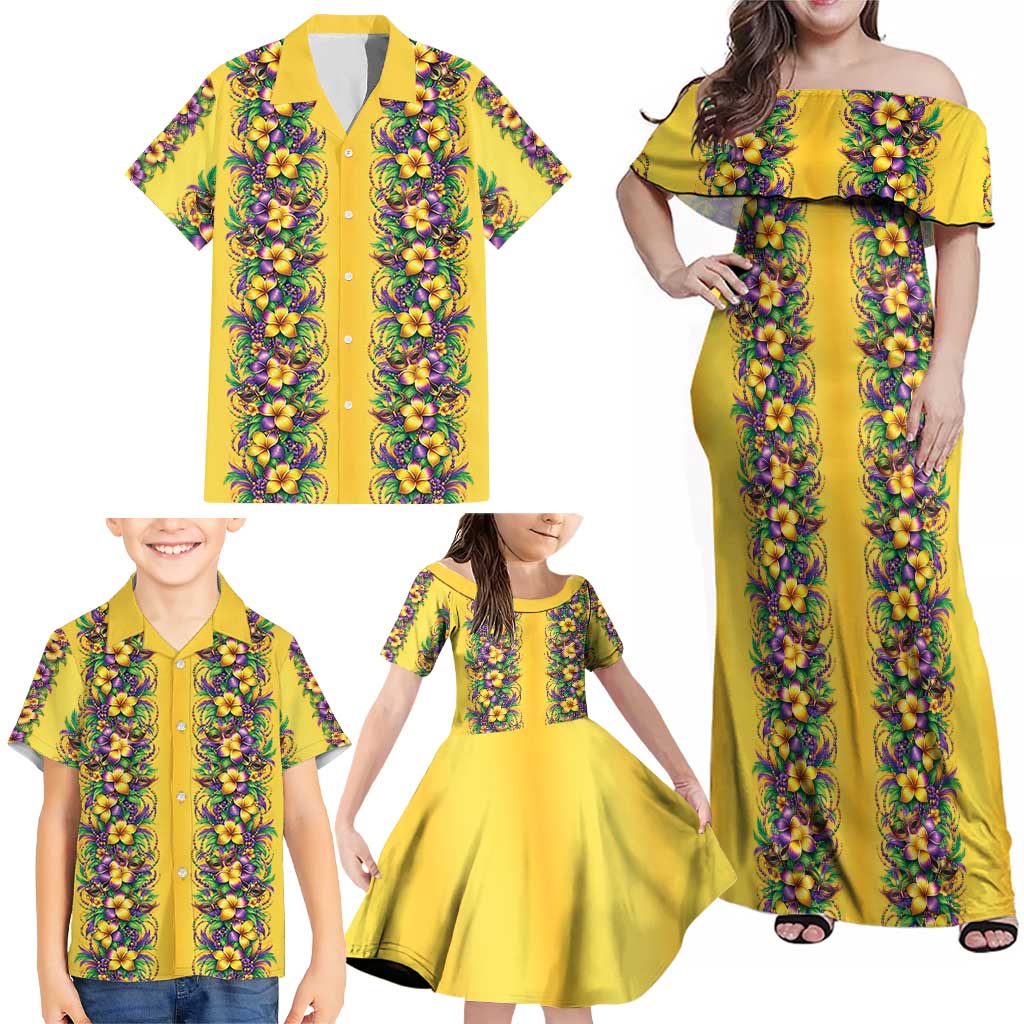 Aloha Hawaii Mardi Gras Family Matching Off Shoulder Maxi Dress and Hawaiian Shirt Gold Style LT05 - Polynesian Pride