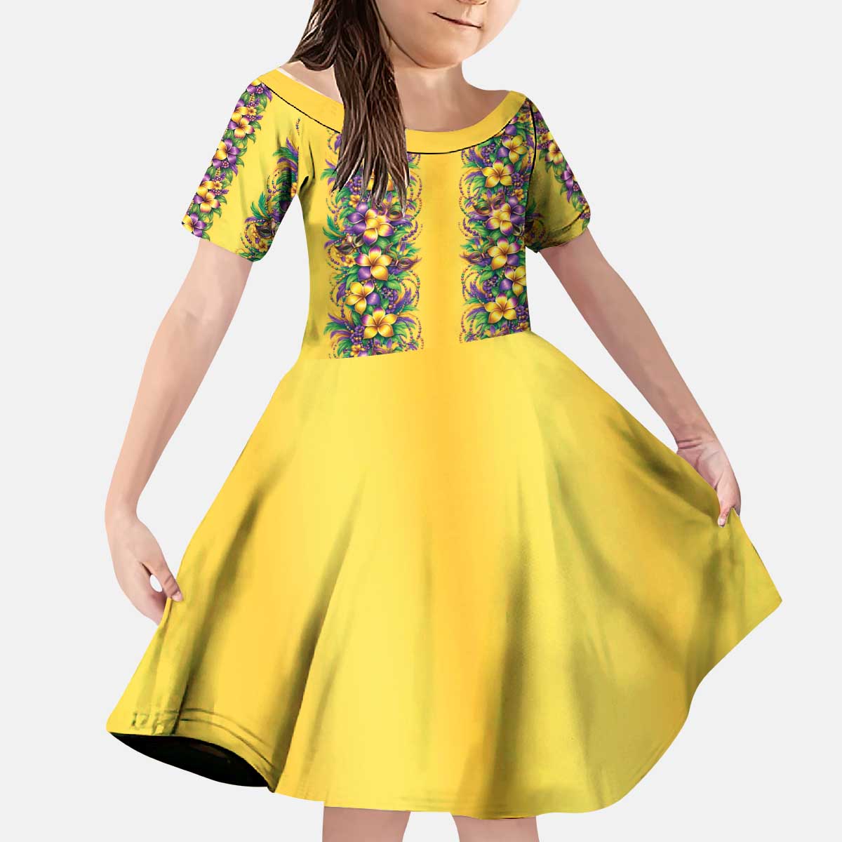 Aloha Hawaii Mardi Gras Kid Short Sleeve Dress Gold Style