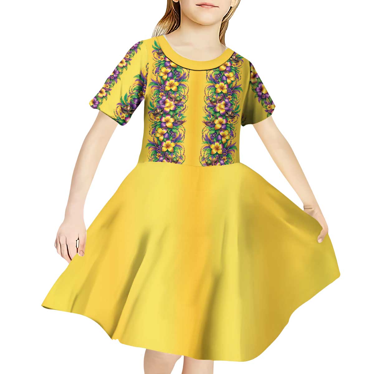 Aloha Hawaii Mardi Gras Kid Short Sleeve Dress Gold Style