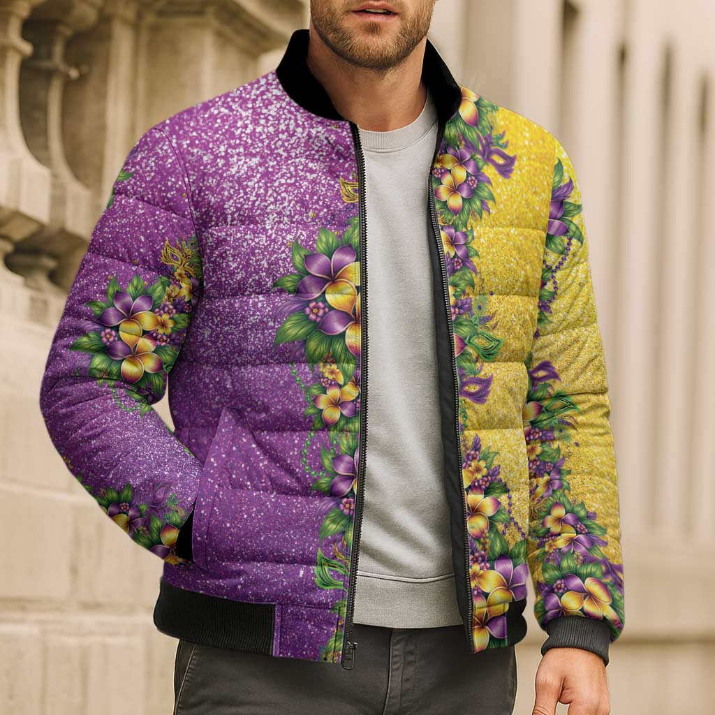 Hawaii Mardi Gras Bomber Puffer Jacket Plumeria Lei Beads Glitter Style